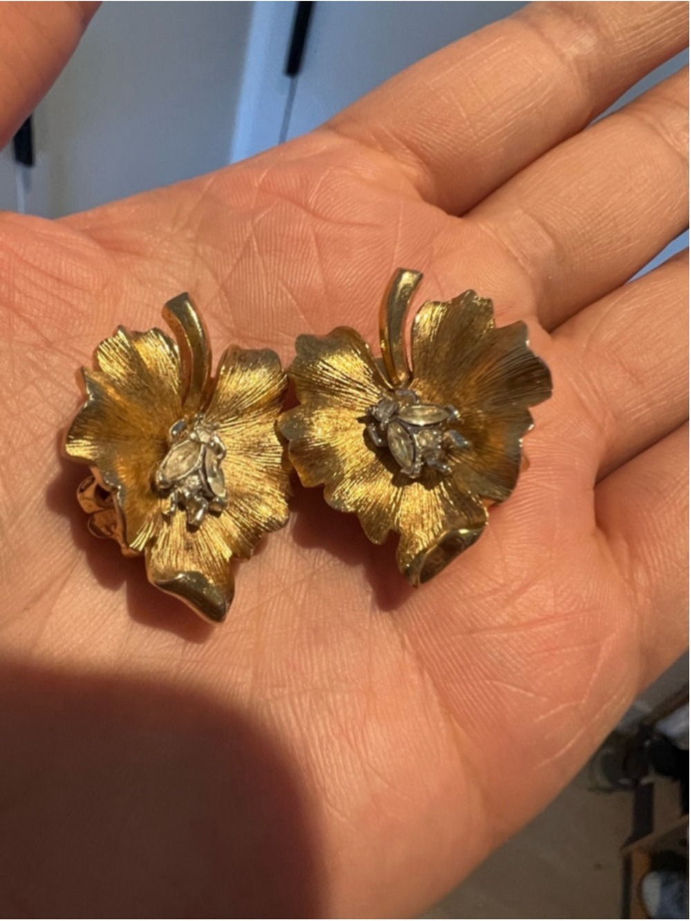 Vintage 1960s Trifari Gold Plated “Bug on a Leaf” Floral Rhinestone Dress Clips